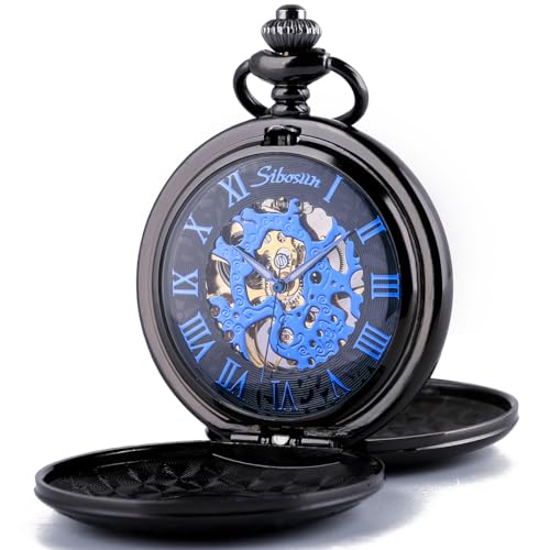 WENSHIDA アンティーク ハーフハンター メンズ ブラック レトロ ブルー ローマ数字 文字盤 機械式懐中時計